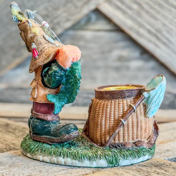 Vintage Hillbilly Gnome Gone Fishing, Resin Candlestick Holder, 4.5”H x 4.25”W - Picture 3 of 9